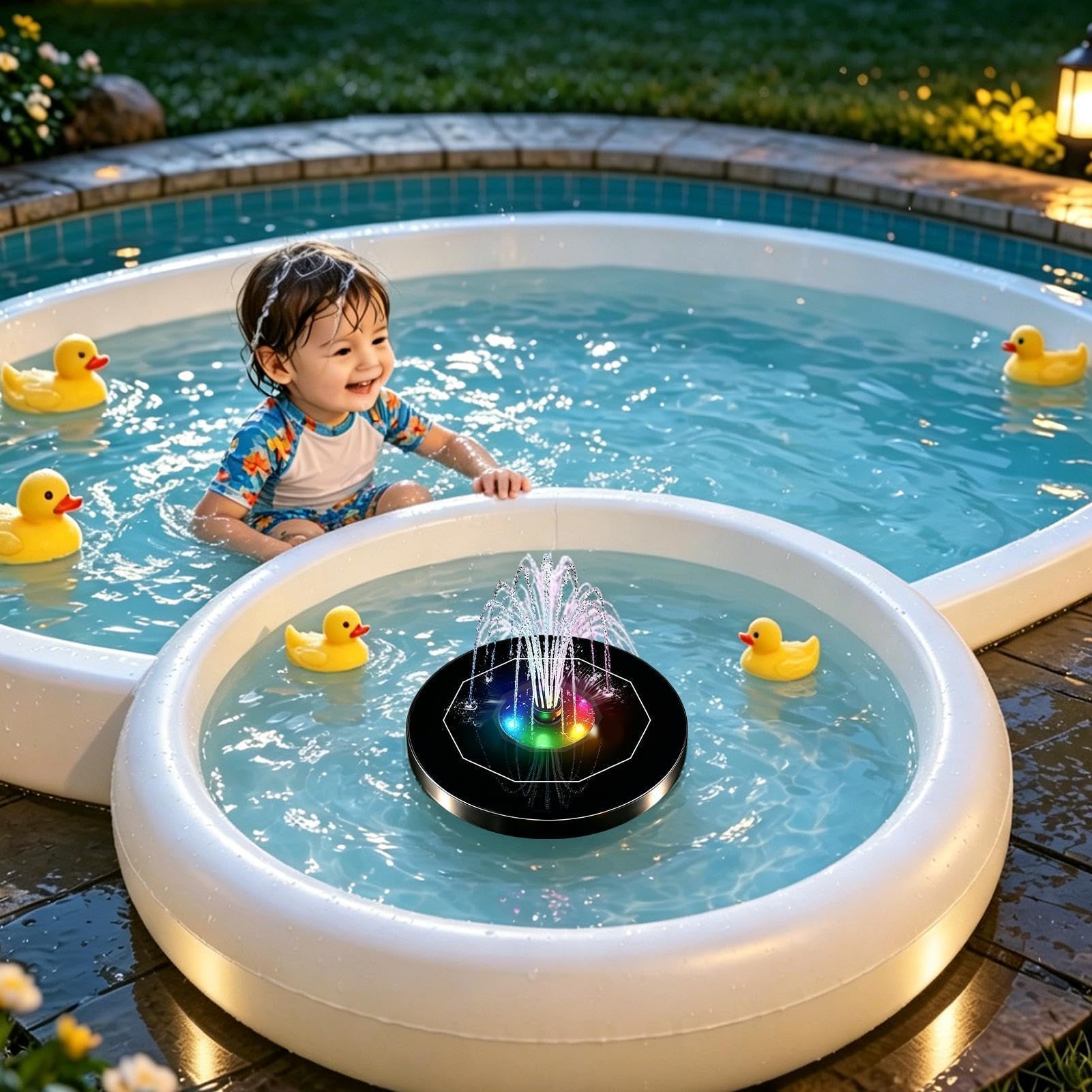 Fuente solar de baño flotante con 6 boquillas y circulares de colores