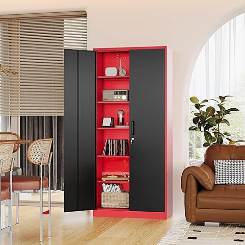 Miniatura 26 de Armario de almacenamiento de metal de 71 pulgadas con cerradura, resistente, gabinetes de herramientas de garaje con puertas y estantes, gabinete