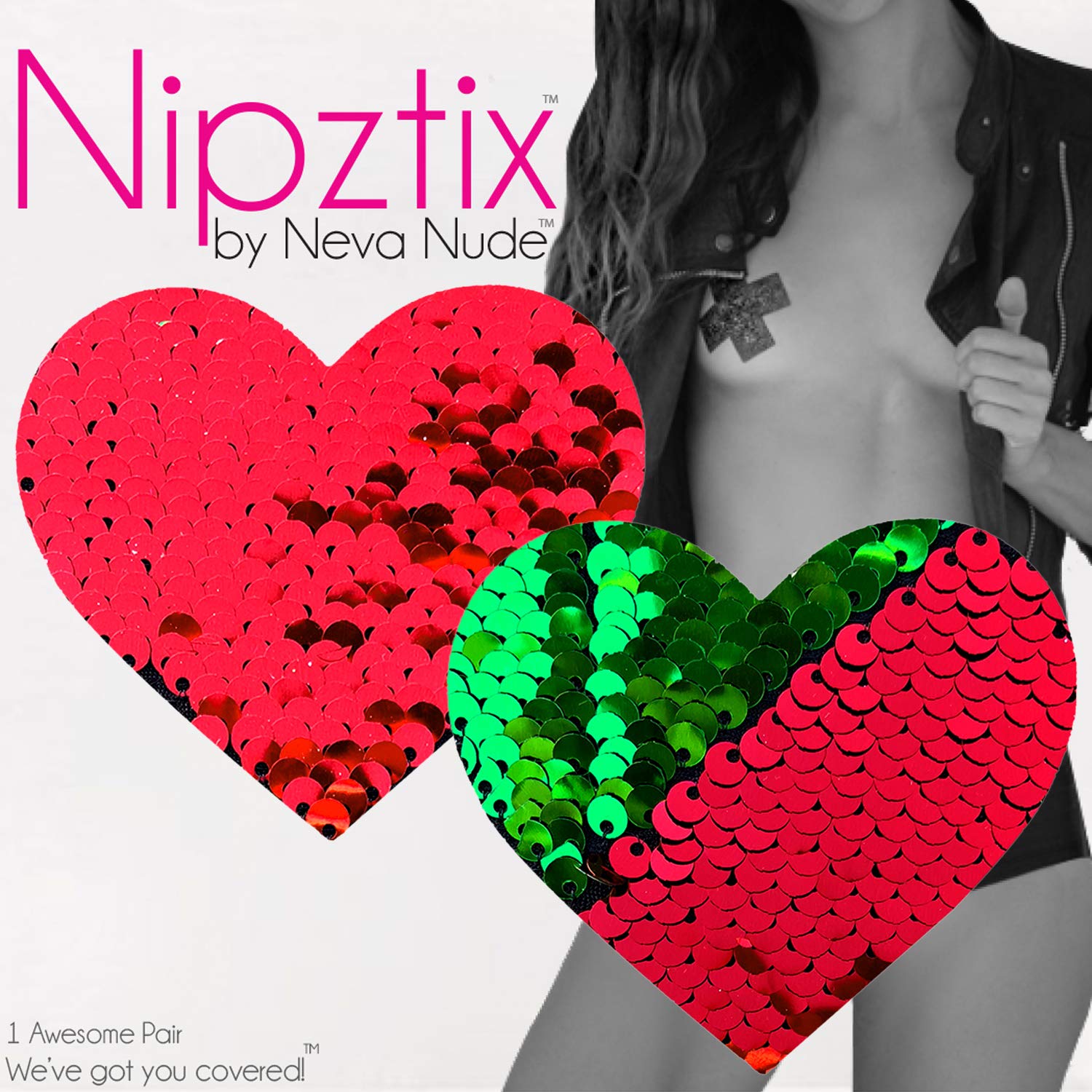 Neva Nude Iridescent Crystal Beamz Nipztix Pasties Nipple Covers for Festivals, Raves, Lingerie and More, Made in USA: Sequin Red to Green X