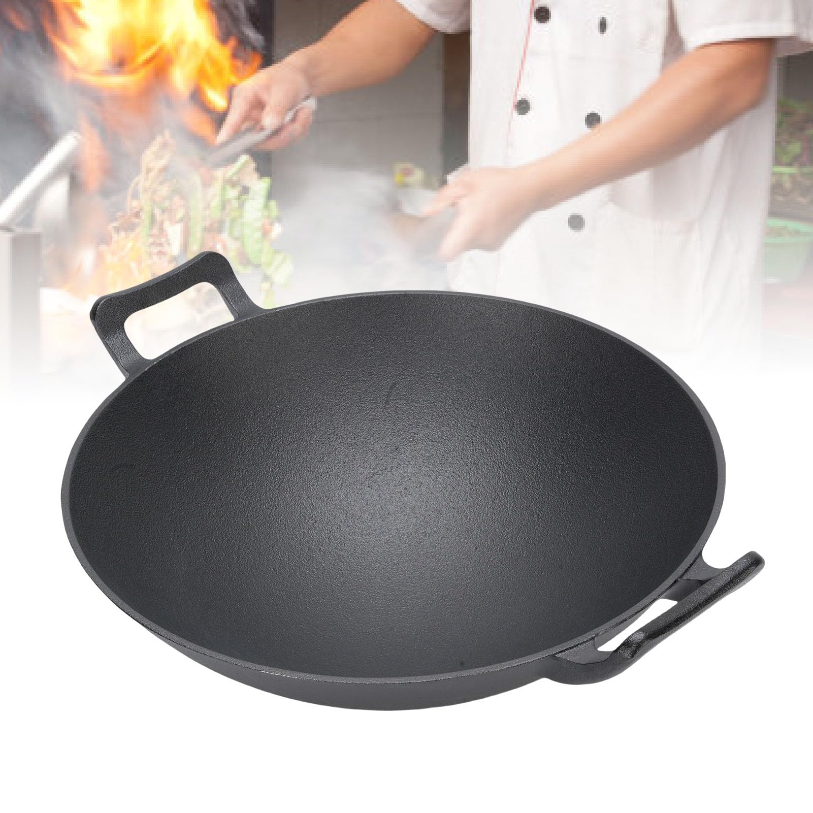Aramox Wok żeliwny, Gruby Garnek do Smażenia z Podwójnym Uchem, Patelnia o Okrągłym Dnie 32 Cm do Gotowania Gazowego i Indukcyjnego