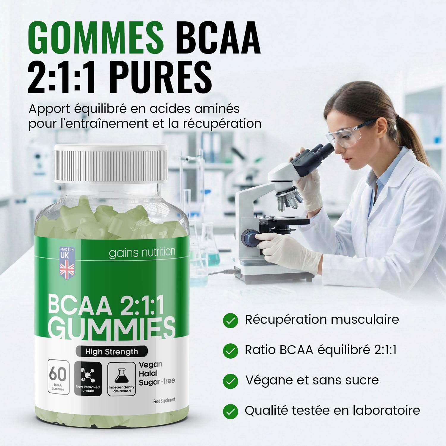 GN BCAA Gummies | 60 Gommes Acides Amines BCAA - 1000 mg Acide Aminé ramifié par portion - Complément L-Leucine L-Isoleucine L-Valine | Saveur pomme | Sans OGM Convient aux Végétaliens et Végétariens
