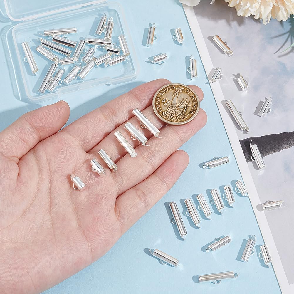 UNICRAFTALE About 48pcs 6 Sizes Slide On End Clasp Tubes Crimp End 925 Sterling Silver Plated Tube End Bar Slider End Caps Crimp Metal Tube Buckle Clasps for Seed Beads Looms Multi Strand Necklace