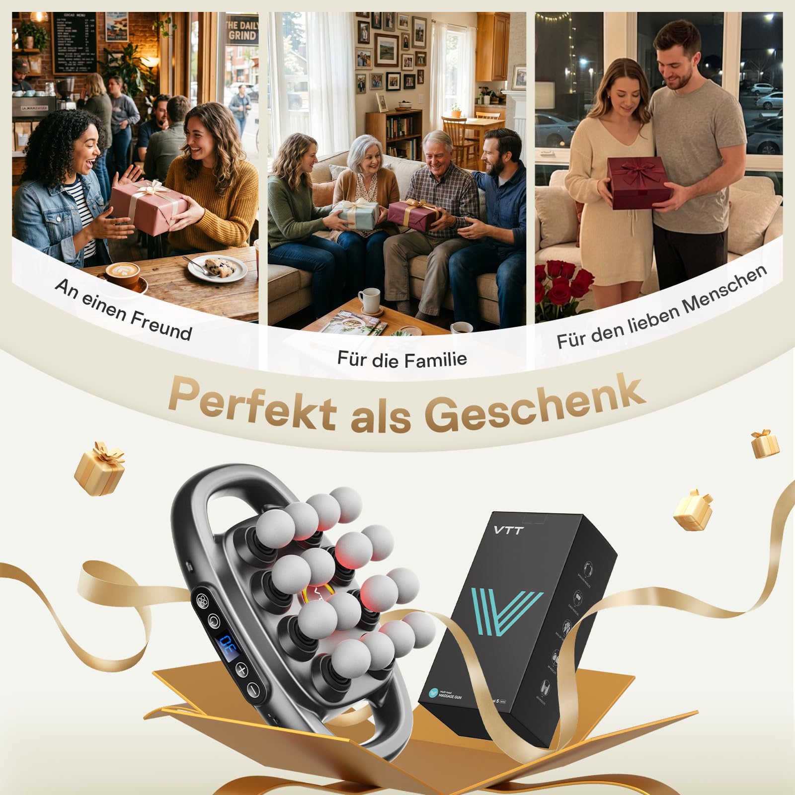 VTT Massagepistole mit 16 Massageköpfen,Tiefengewebe Massagegerät,Leises Handmassagegerät,3 Modi & 30 einstellbare Geschwindigkeiten massage gun,für Schulter Rücken zur Muskelentspannung Linderung von
