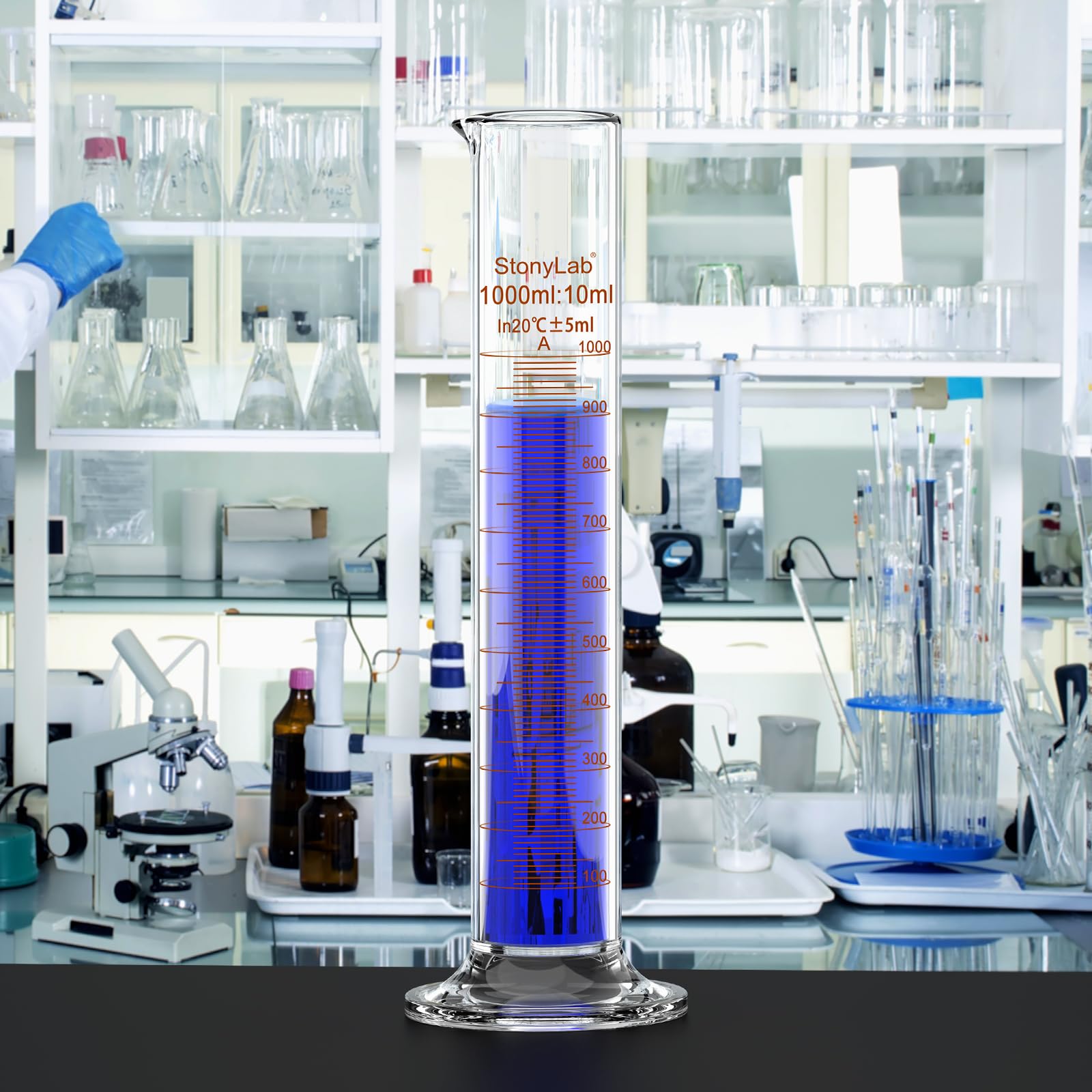 stonylab Klasse A Messzylinder, 1000 ml Borosilikatglas Hochpräziser Messzylinder mit Klarer Skala und Stabilem Sockel für Flüssigkeitsmessungen im Labor