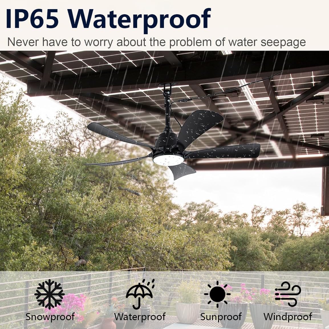 Außen Deckenventilator mit Licht IP65 Wasserdicht 106cm Leise mit Beleuchtung und Fernbedienung Dimmbar, 6 Geschwindigkeiten Timer, Lampe mit Ventilator für Terrasse Pavillon, Schwarz