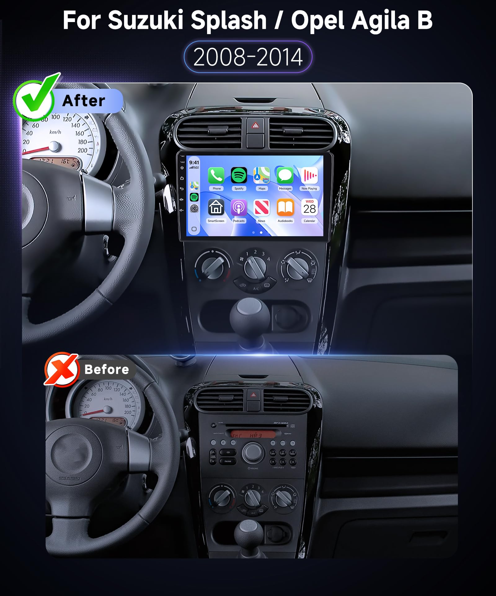 Hodozzy Autoradio per Suzuki Splash/Opel Agila B 2008-2014 con Wireless Carplay Android Auto, Touchscreen da 9 pollici con Bluetooth/RDS FM/Youbube/V-Link/GPS/USB/SWC+Telecamera Posteriore