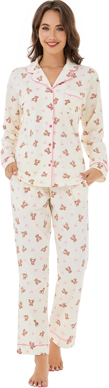 LUBOT 100% Cotton Pajamas for Women PJ Set Soft 2 Piece Ladies Button Knit Long Short Sleeve Sleepwear Loungewear XS-XXL - Image 5