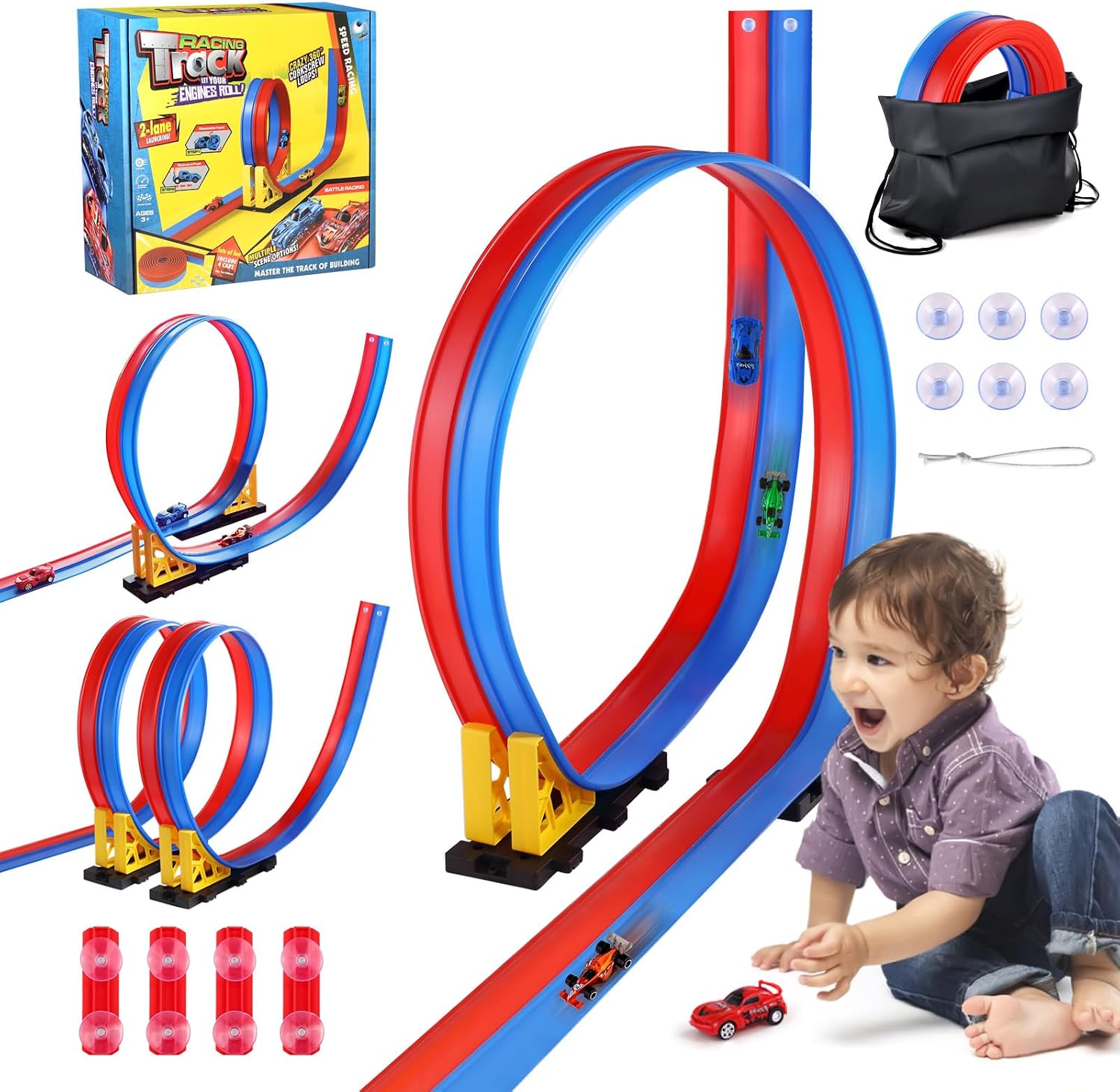 Flexible Race Car Track for Kids, 15 Ft DIY Car Ramp with Suction Cups | Made of Durable TPE, Roll-Up Portable Track for 1:64 Diecast Cars, Creative Wall & Window Play, Kids Ages 3+