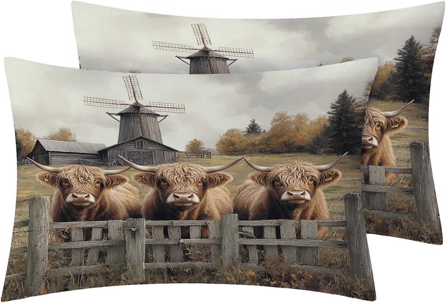 Highland Cow Pillow Cases Queen Size Set of 2, Farm Animal Pillowcase & Home Decor, Rustic Farmhouse Pillow Covers 20x30, Pillow Shams with Zipper, Soft Breathable