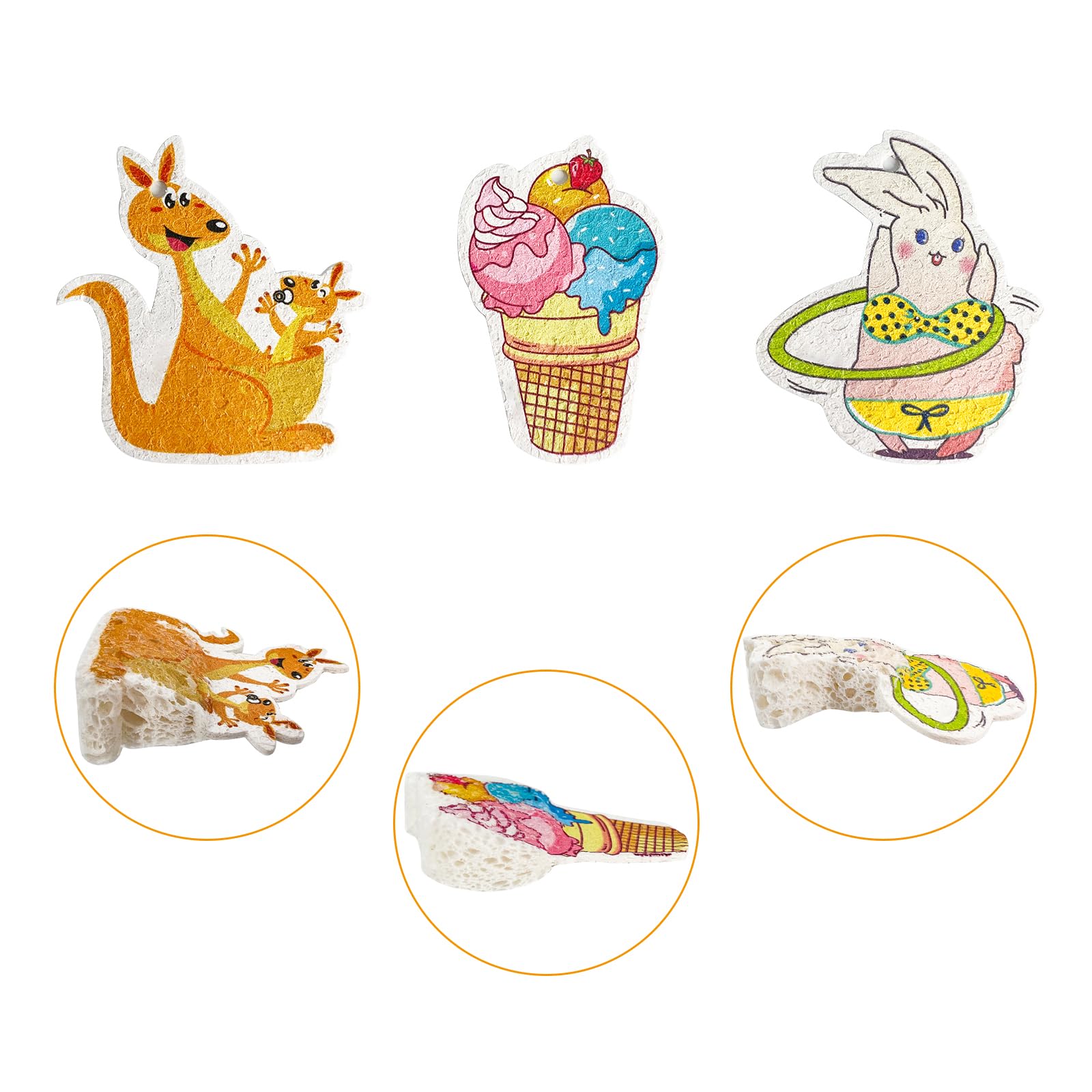 3pcs Compressed Wood Pulp Sponge Scrubber, Cute Cartoon Dual-Sided Reusable Dish Washing Cleaning Sponges Brush, with Lanyard, Individually Packaged, Household Cleaning Supplies