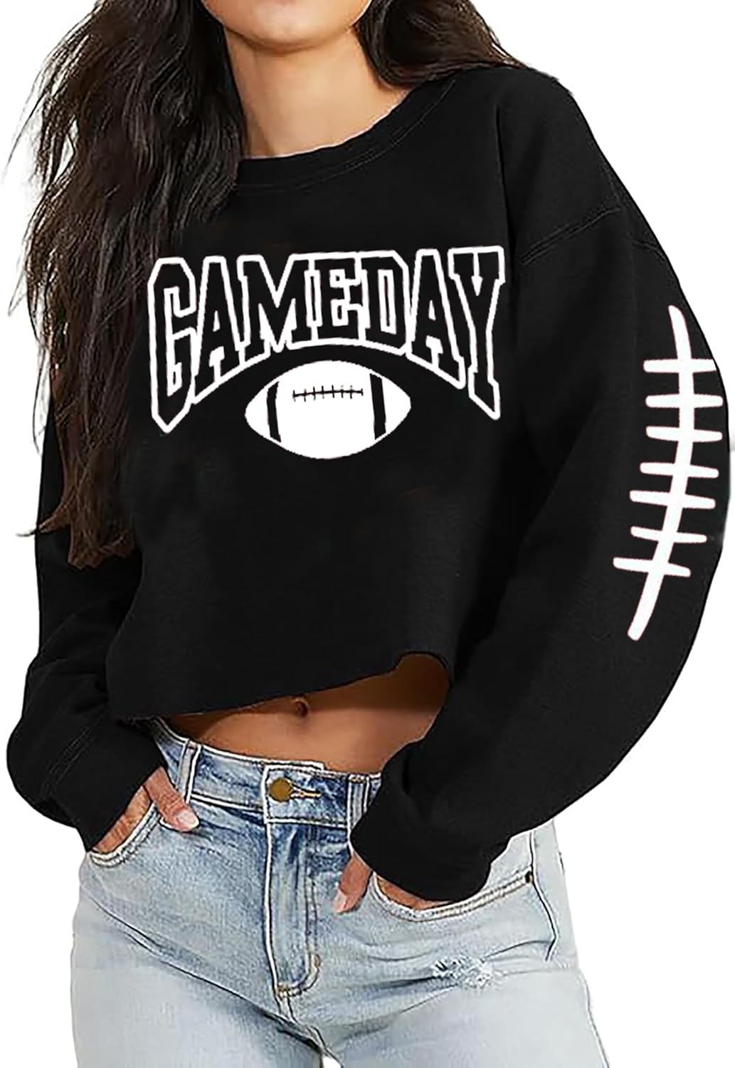 BOMYTAO Women's Football Game Day Crop Sweatshirt Football Graphic Long Sleeve Causal Pullover Tops