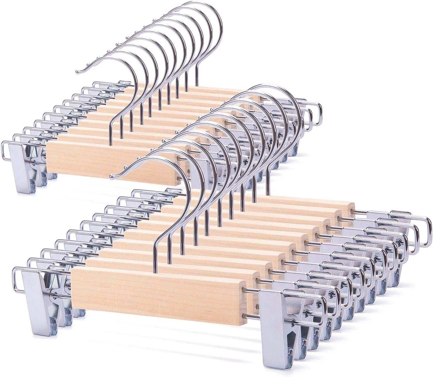 - 20 Pack 10.2 Inches Unfinished/Natural Kids Baby Toddler Infant Children Solid Wooden Pants Skirts Hangers Wood Trousers Bottom Hangers with 2-Adjustable Clips 360° Stronger Swivel Hook