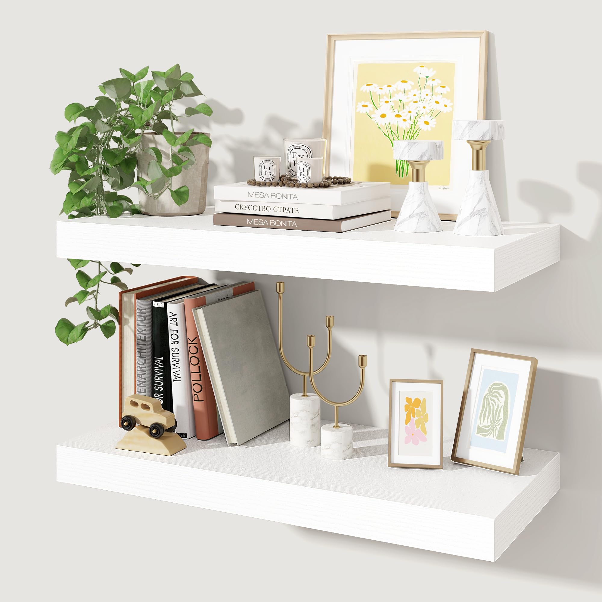 Floating Shelves Set of 2, 60cm Wooden Wall Shelves with Invisible Brackets