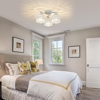 Rayofly Ceiling Lights Living Room, 3-Lights Modern Crystal Chandeliers Ceiling Light, Crystal Chandelier with Glass Shade, Hallway Ceiling Light Fitting, Flush Ceiling Lamp for Hall, Bathroom, Chrome [Energy Class D]