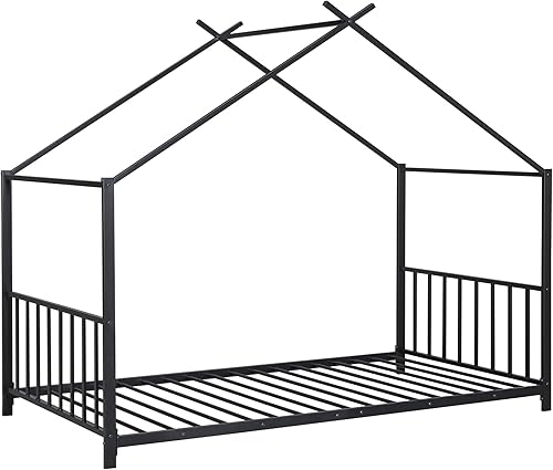 Miniatura 207 de Cama de casa de tamaño individual con diseño de valla y techo, marco de cama de metal, marco de cama de piso doble, base de cama Montessori de Color