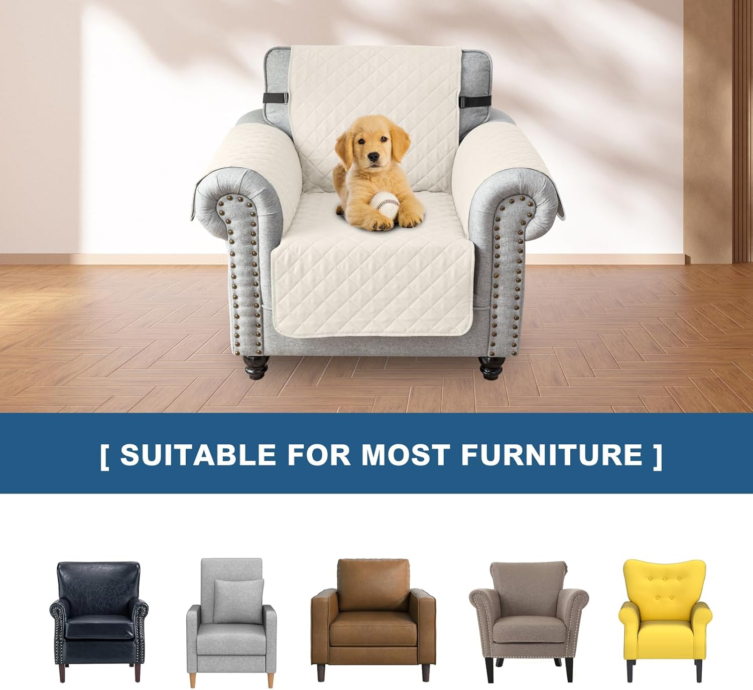 MIFXIN Reversible Sofa Cover Couch Slipcover Water-Repellent Anti-Slip Washable Armchair Loveseat Sofa with Elastic Strap Furniture Protector for Pet Dog Kids (Beige White, 1 Seater)