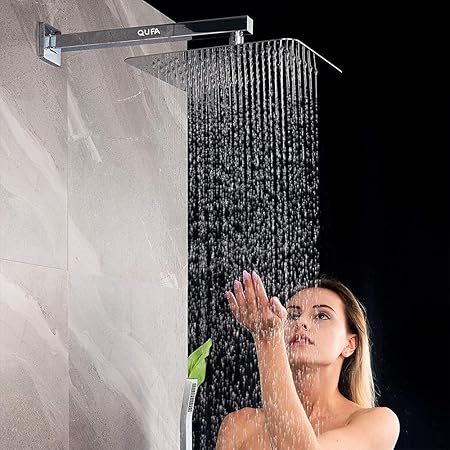 Qufa Mirror Stainless Steel 304 Round Ultra Slim High Pressure Rainfall Shower Head for bathroom With Arm Shower (12 * 12+21 Inch Sqaure Arm)