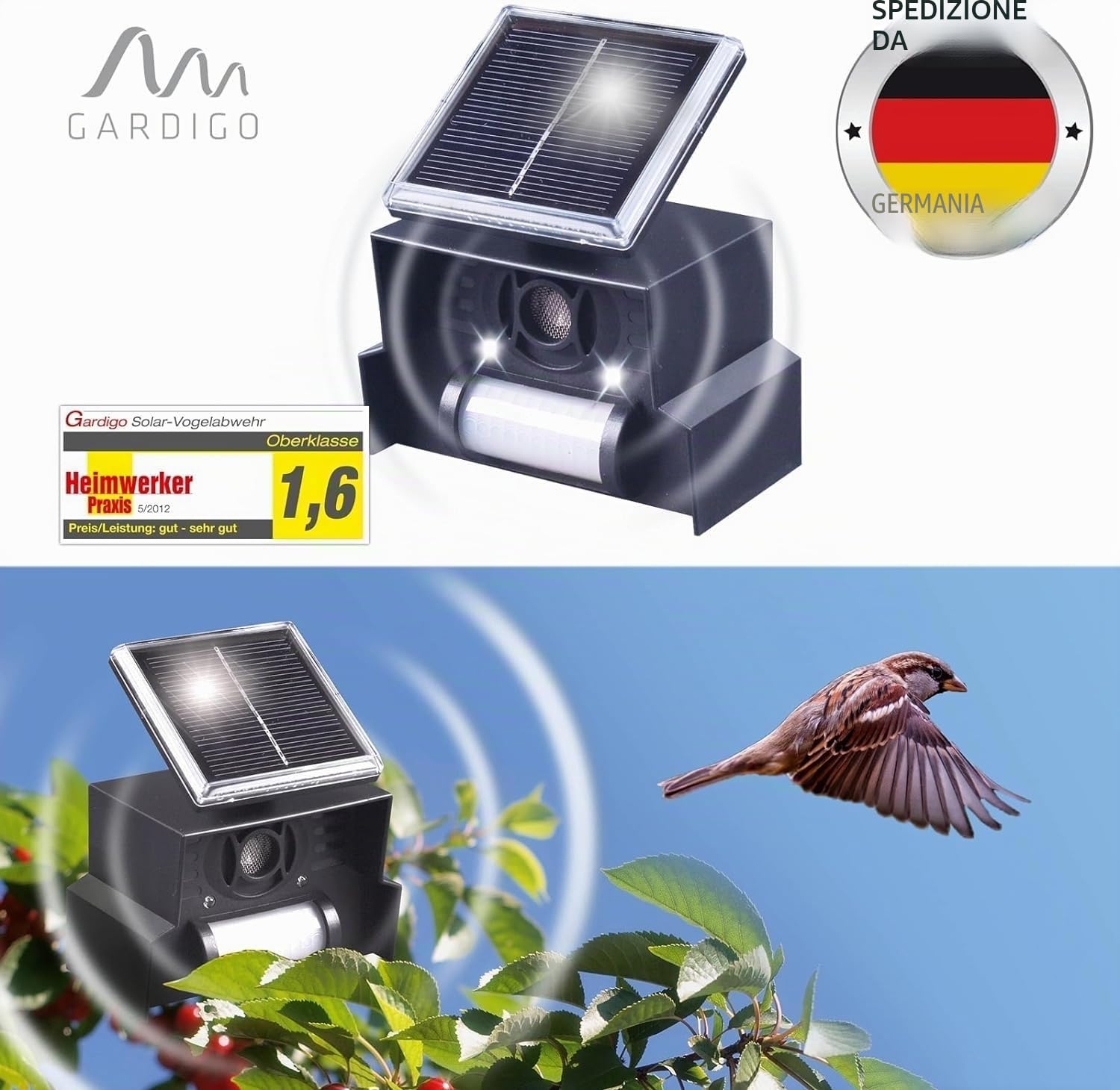 GARDIGO® Dissuasore per Piccioni | Ultrasuoni per Piccioni | Spaventa Uccelli con Pannello Solare | Deterrente Uccelli con Luce Flash a LED | 23-50 kHz | Copertura 110°/7 m | Antipiccioni