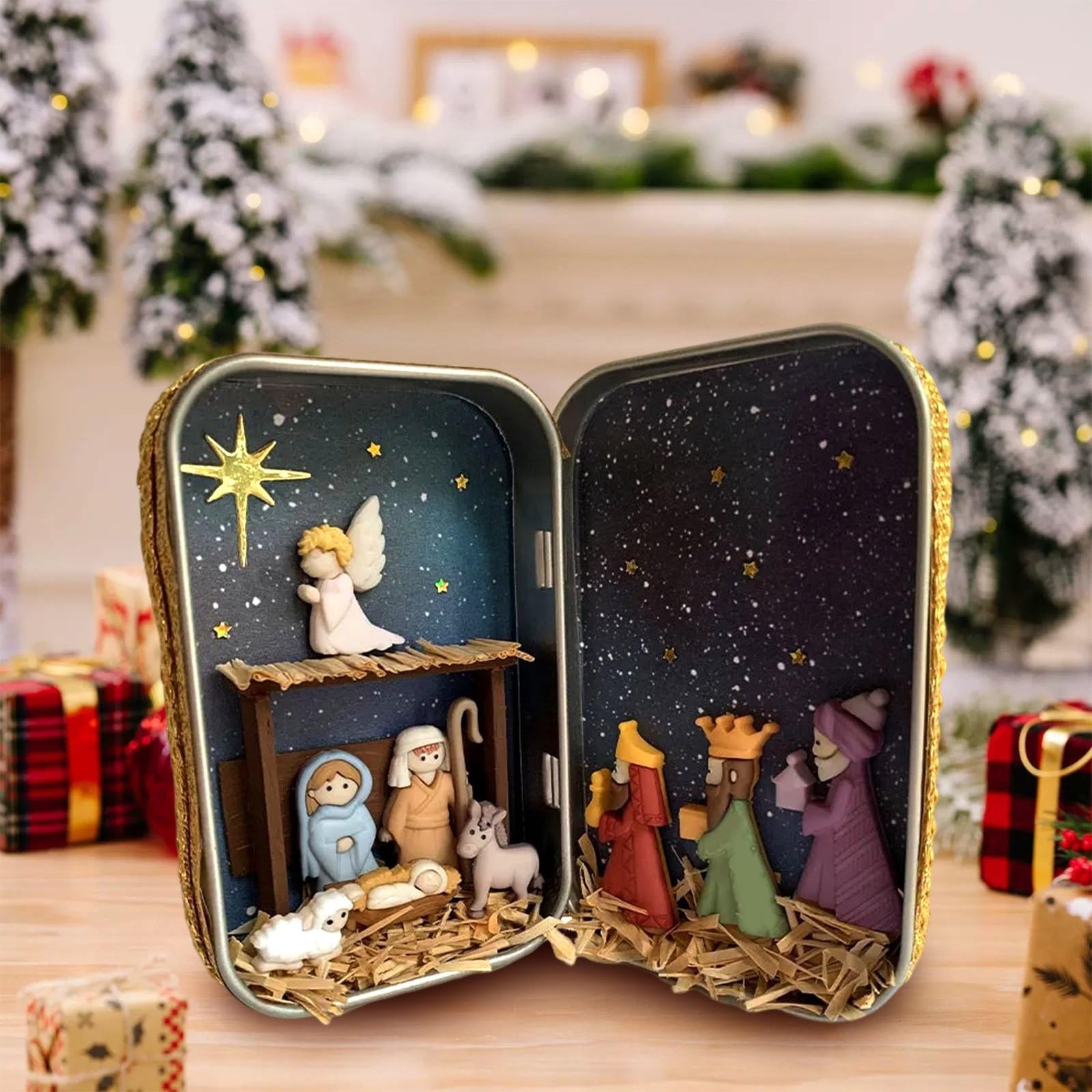 Little Saints in a Tin: Mini Easter Jesus Classic Scenes,Miniature Easter Crucifixion&Resurrection Scene in a Tin Box,Pocket Resin Nativity Sets, Religious Home Office Tabletop Decoration