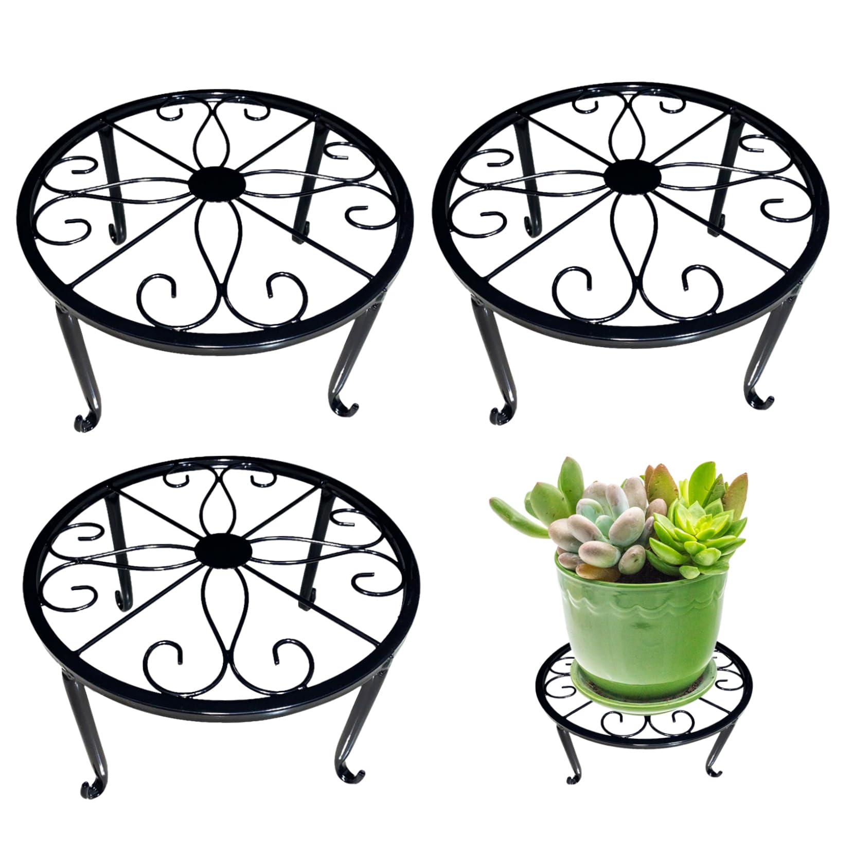Cnafgbgg Black Metal Plant Stand 3Pcs 9.45 Inch Heavy Duty Rustproof Flower Pot Stand Vintage Style Round Planter Plant Support Rack For Patio Garden Decor