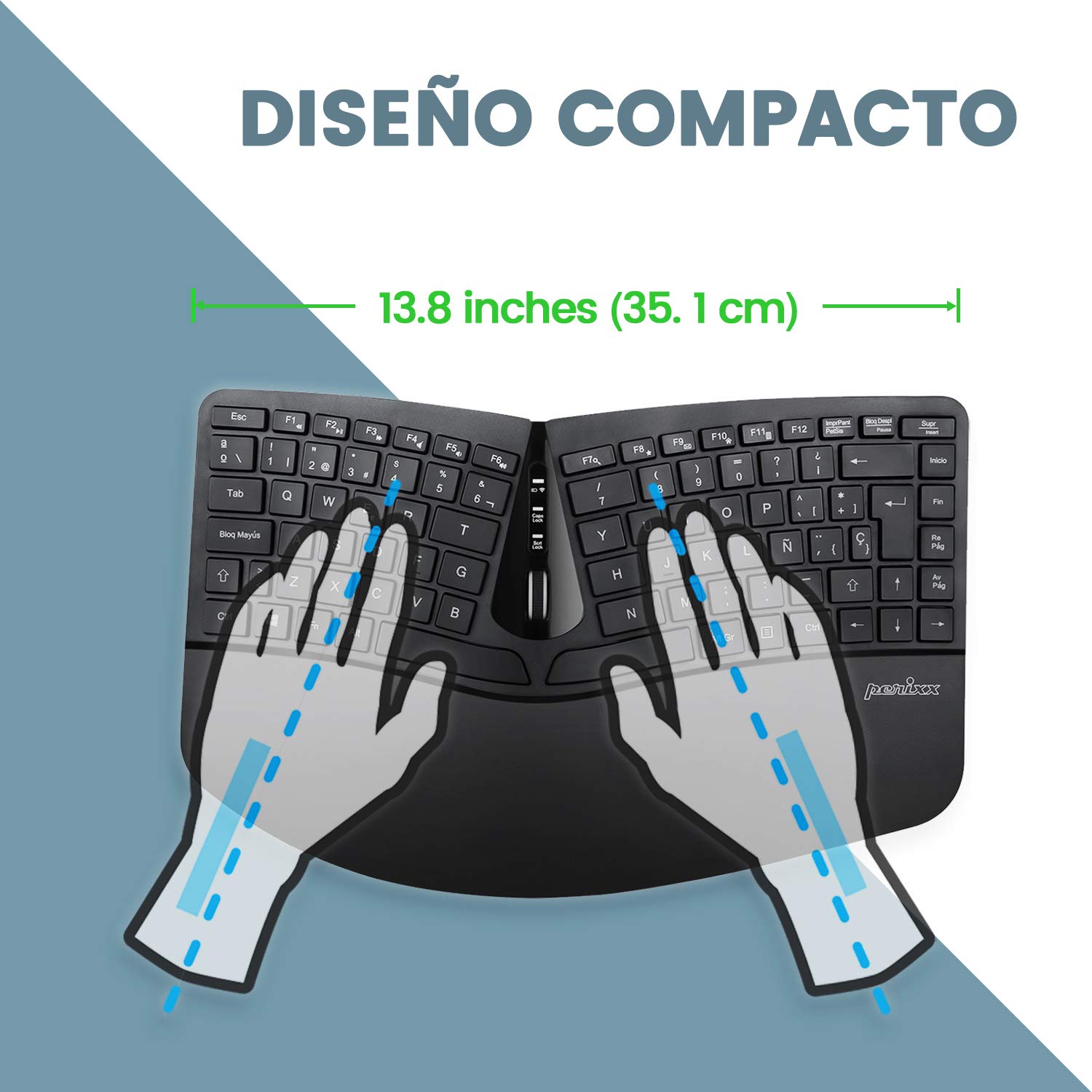 Perixx Periduo-606 - Juego de Teclado Compacto ergonómico y ratón Vertical inalámbrico, reposamuñecas Ajustable y Teclas de Perfil bajo, dpi Ajustable, QWERTY español