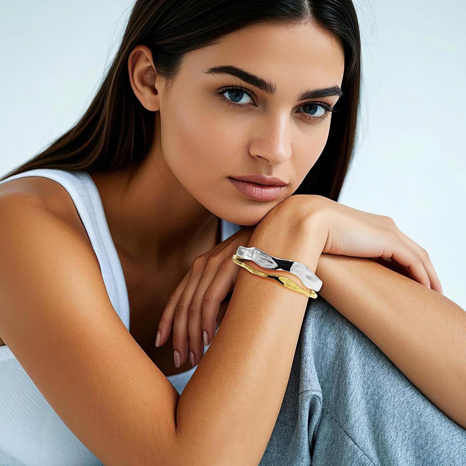 Chunky Gold and Silver Cuff Bracelets Sterling Silver Two Tone Open Bangles Double Layer Irregular Wave Hammered Texture Bracelet for Women - Image 2