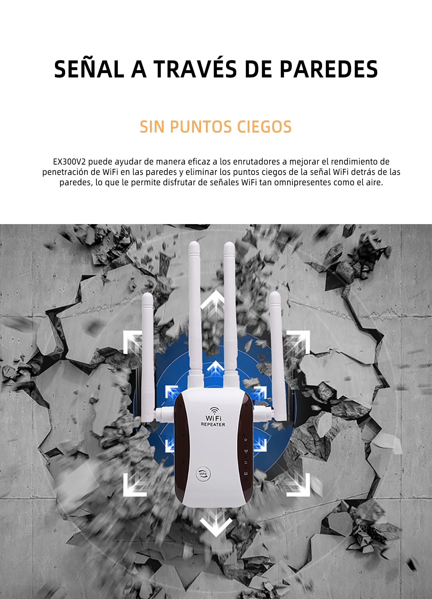 Repetidor WiFi, Amplificador señal WiFi,4 Antenas Externas, Amplificador WiFi 2.4GHz con Repertidor/Ap Modo y la función WPS,1 Puerto Ethernet, Facil de Instalar,Compatible with All WiFi Devices