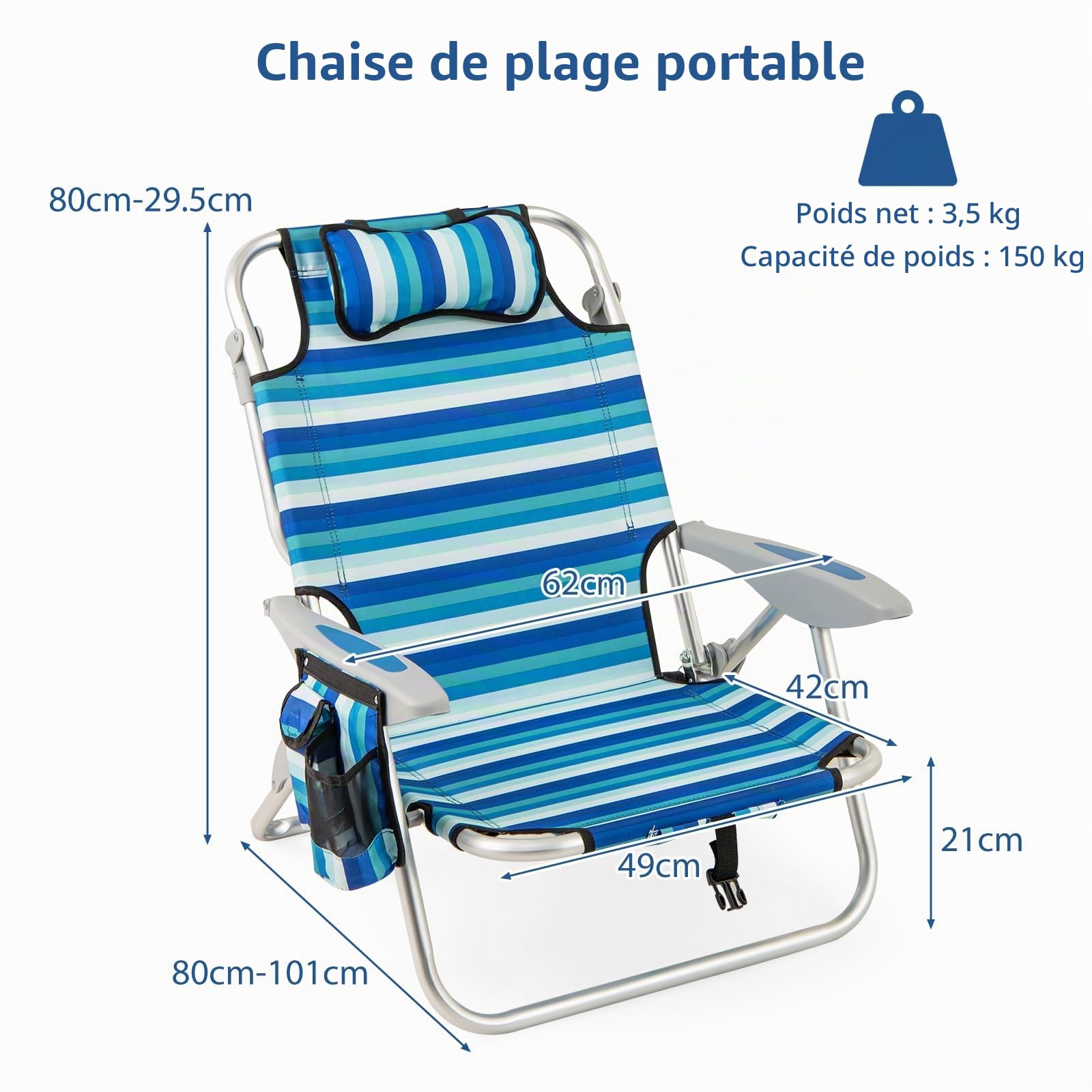 KOMFOTTEU Chaises de Plage Pliables, Dossier réglable en 4 Positions, Fauteil de Plage avec Appui-tête, Chaise de Camping avec Poches latérales & Porte-Serviette, Charge de 150 kg, Bleu (1)