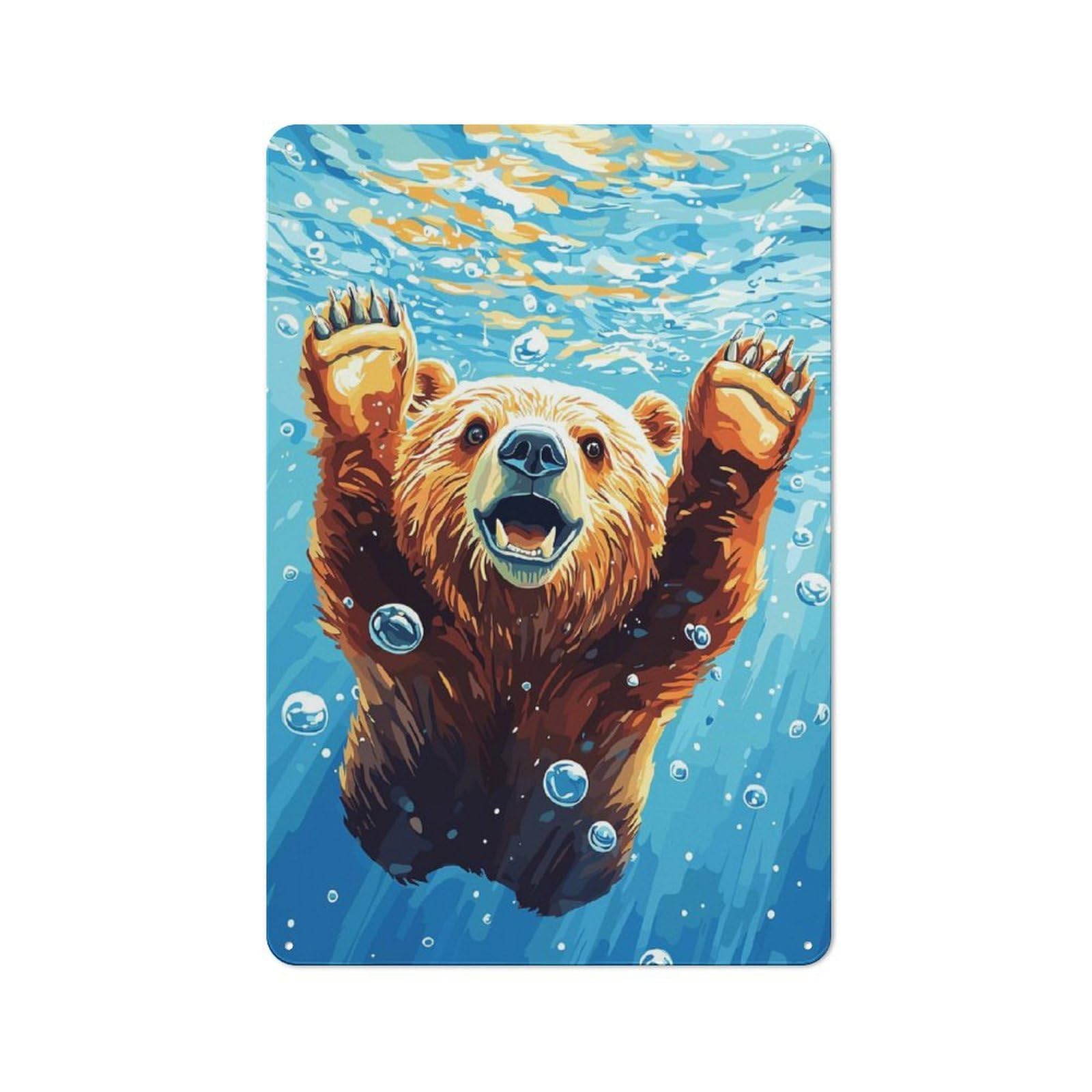 Junmoney Style-24 Bear Underwater With Bubbles Vintage Metal Wall Decor 30X20cm, Tin Wall Sign For Restaurant, Kitchen, Counter Or Breakfast Nook