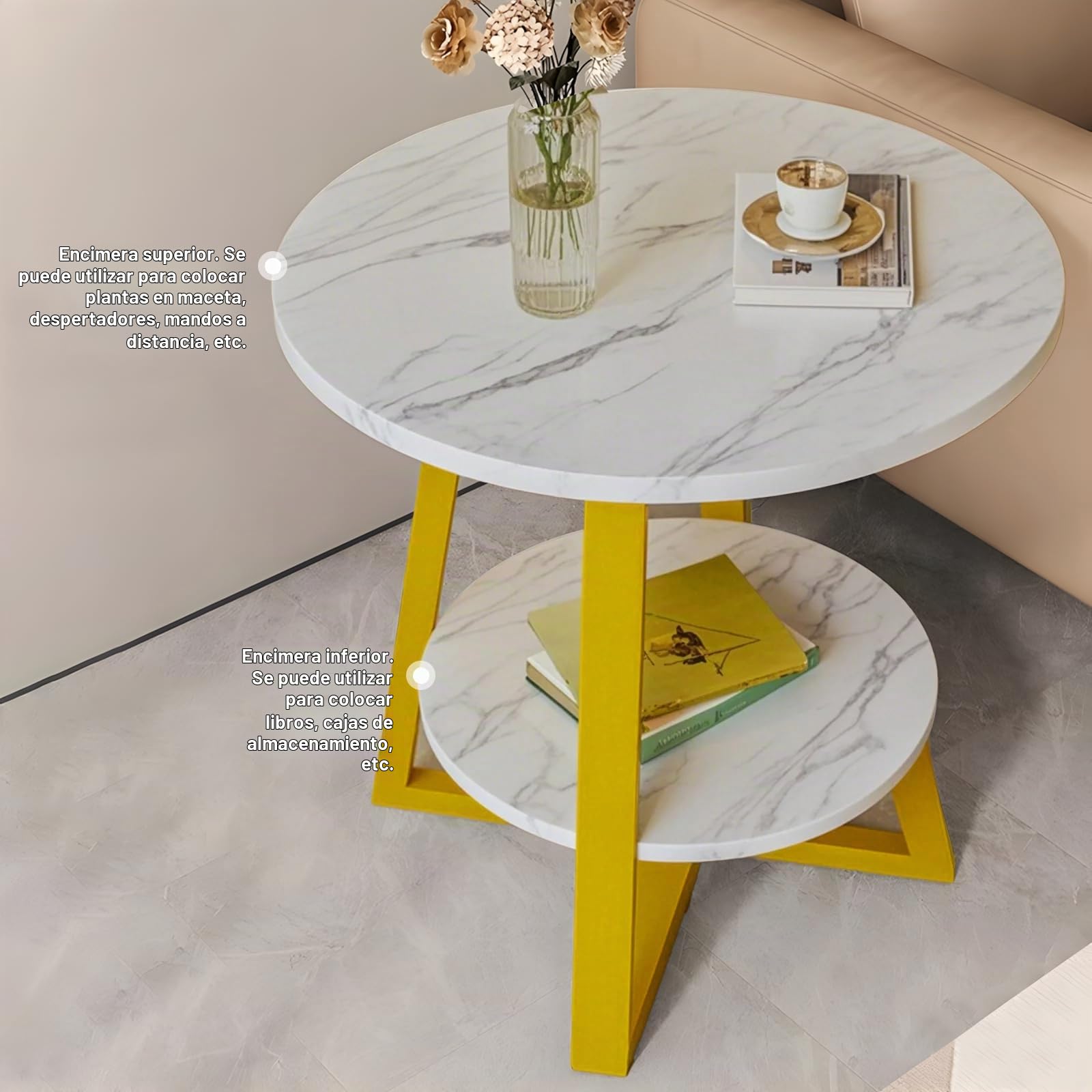 Mesa de Centro Redonda Nido,Mesas Auxiliares de Sofá con Acento Moderno, con Marco de Metal Cruzado y Tablero de Densidad para Sala de Estar, Dormitorio, Ofici (Marco Blanco y Dorado)