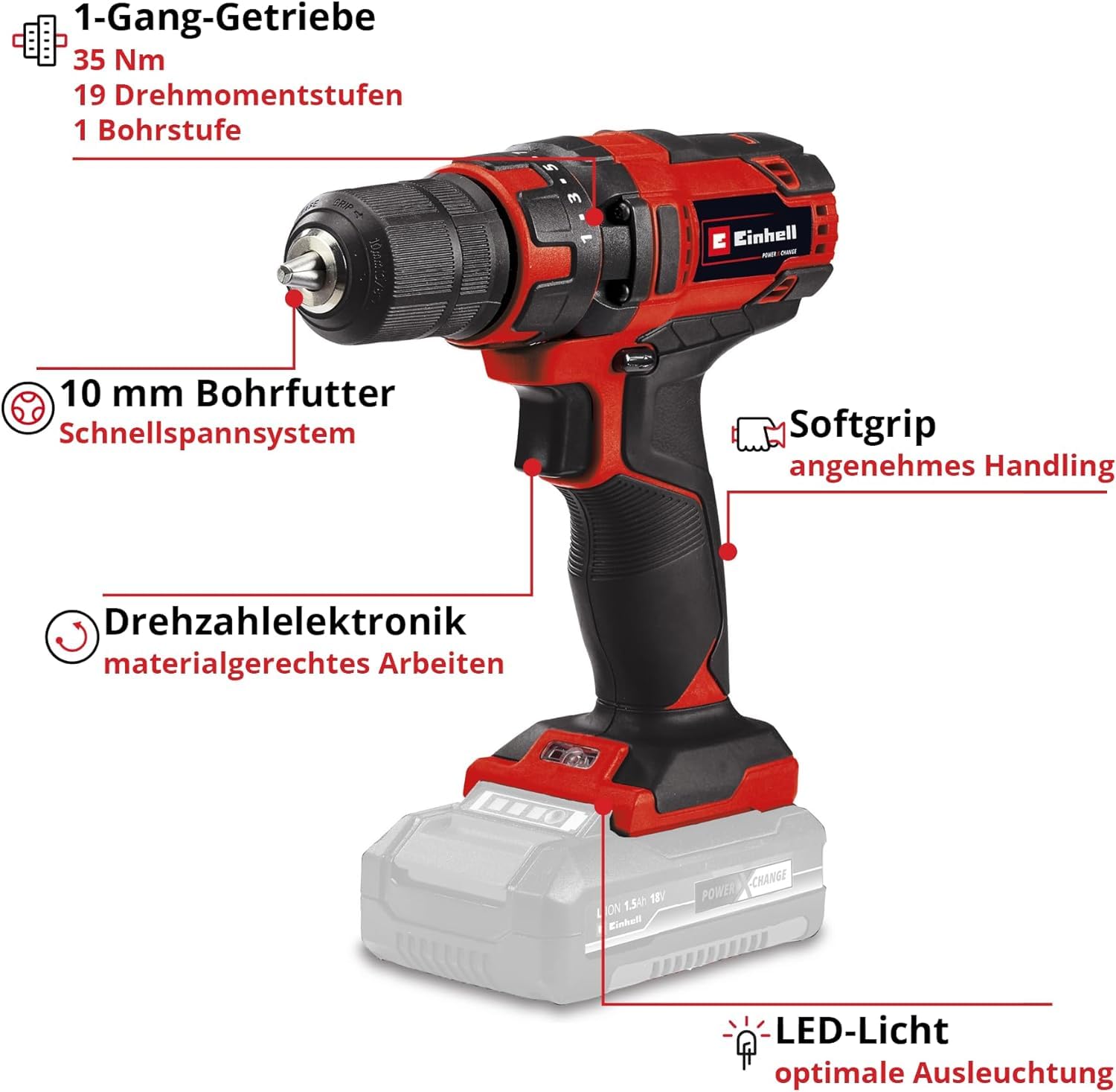 Einhell Akkuschrauber TC-CD 18/35 Li-Solo Power X-Change (Li-Ion, 18 V, 550 min.-1, 35 Nm, 10 mm Bohrfutter, ohne Akku und Ladegerät)