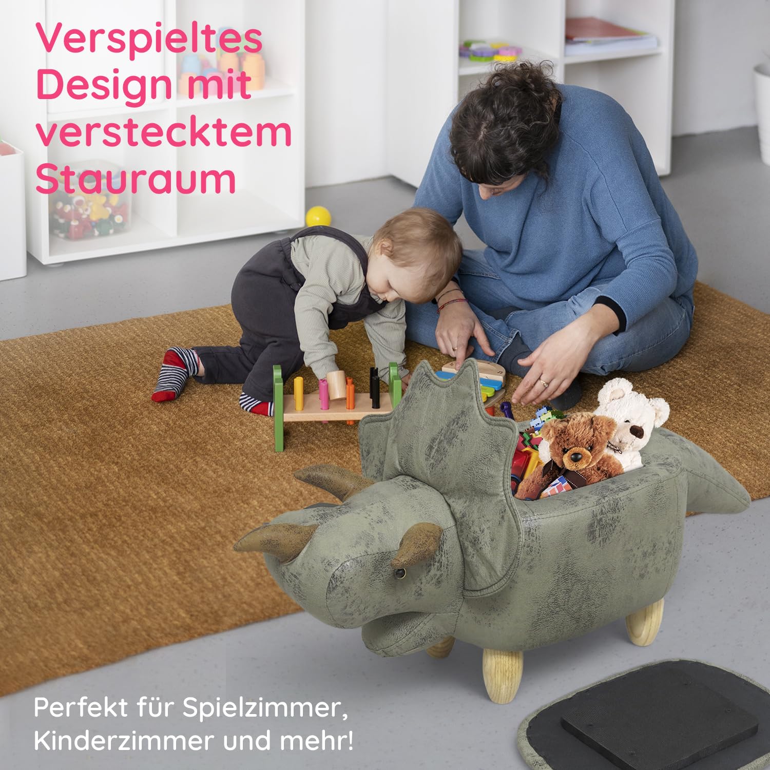 Suleno Dino Tierhocker mit Stauraum, Niedlicher Organizer & Sitzbox, 50 cm | für Kinder, weicher Bezug in Lederoptik, Holzbeine, dekorative Möbel für Kinderzimmer 93x 33 x