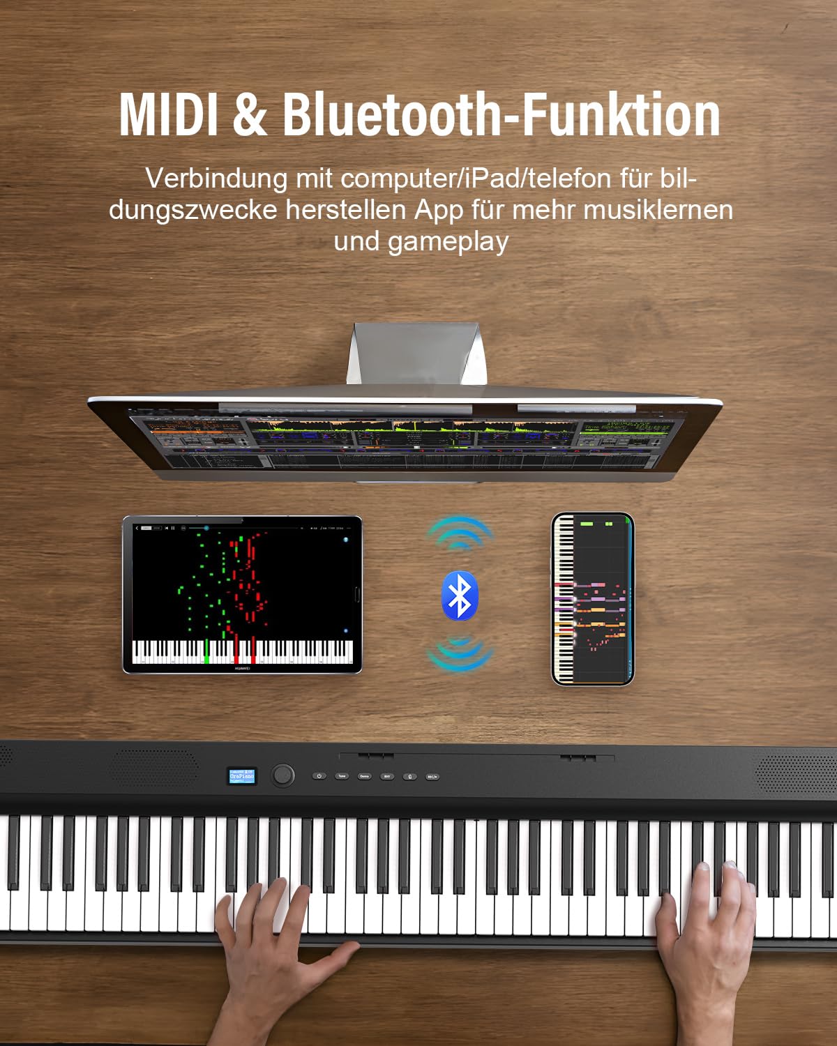 Faltbares Digitalpiano 88 Tasten, Halbgewichtete Tastatur in voller Größe, Bluetooth MIDI Keyboard, Tragbares E Piano mit Sustain-Pedal, Notenständer und Tragetasche für Anfänger