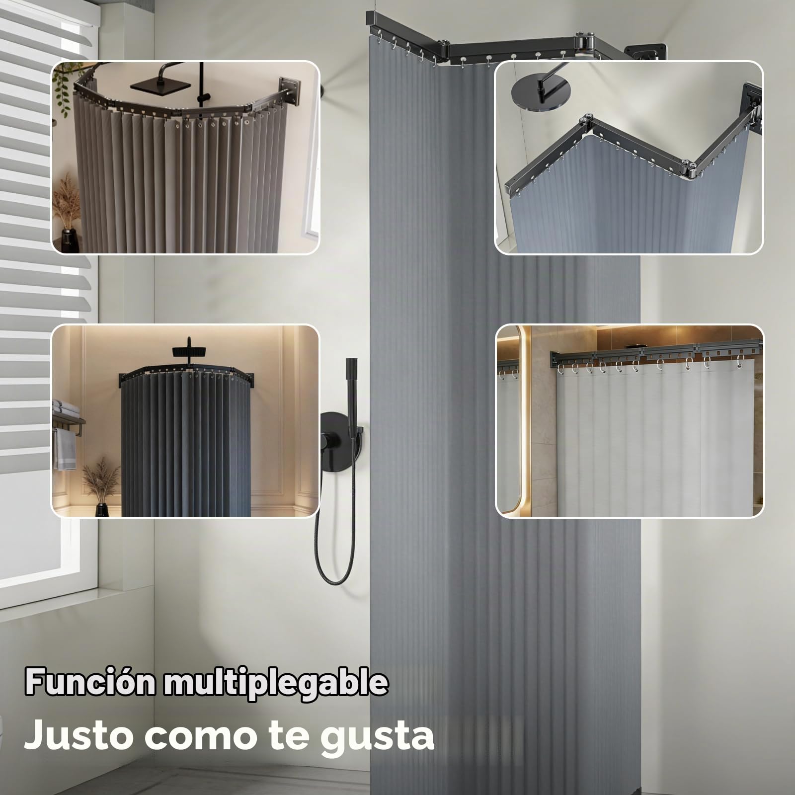 Barra de cortina de ducha plegable con ventosa, plegable en 5 secciones, giratoria, para montaje en pared, barra de cortina de ducha para esquinas, aleación de aluminio, 180 x 200 cm, impermeable y an