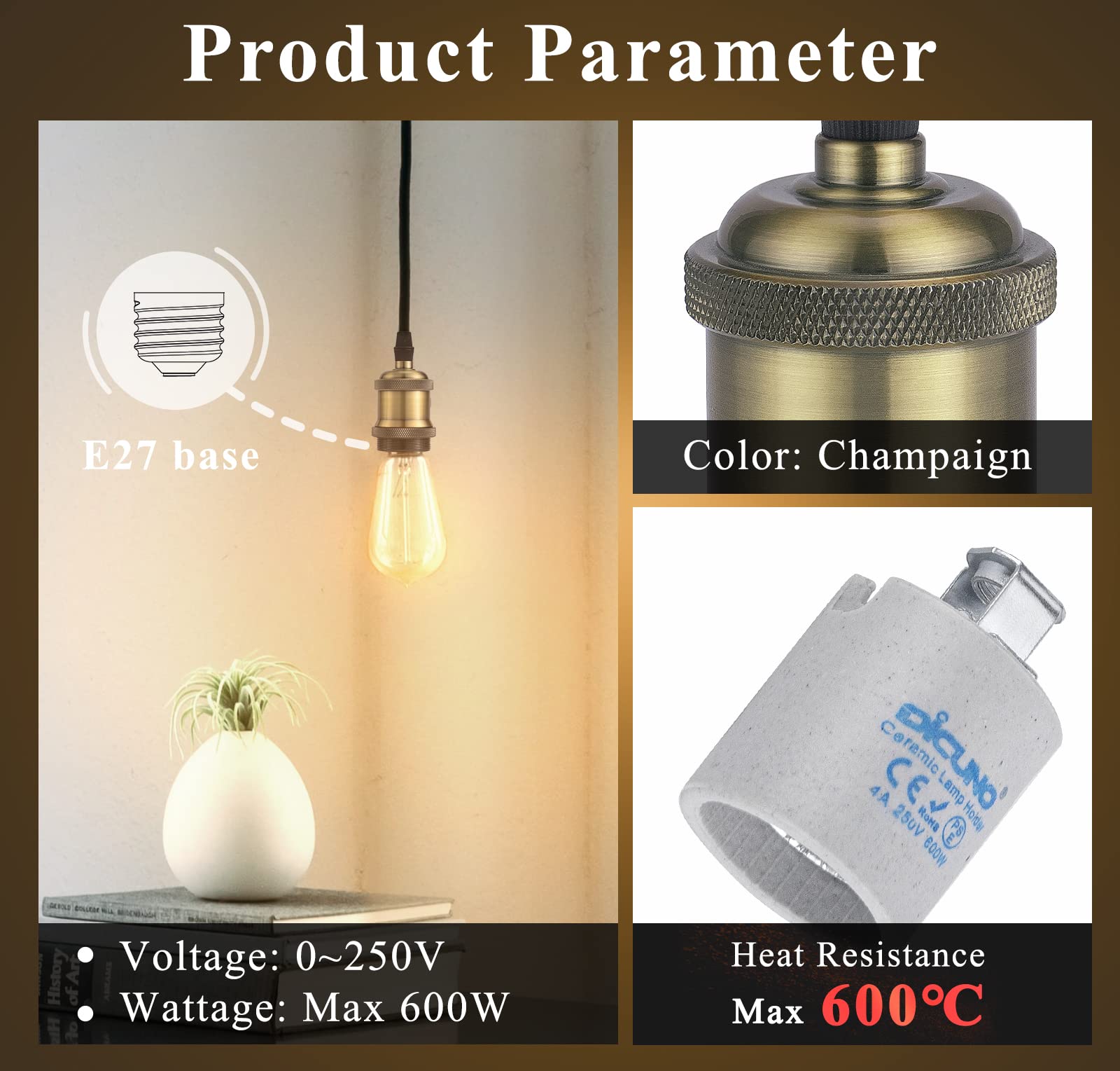 DiCUNO E27 Vintage Portalampada, Edison retro lampada a sospensione, Adattatore in ceramica solida, 6 Pezzi di champagne oro socket