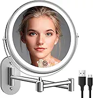 Espelho de maquiagem iluminado montado na parede, espelho de aumento de 20 cm 1X/10X com 3 luzes coloridas, espelho de banheiro dupla face com luzes LED reguláveis, espelho giratório de 360° com iluminação de barbear extensível