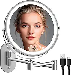 Espelho de maquiagem iluminado montado na parede, espelho de aumento de 20 cm 1X/10X com 3 luzes coloridas, espelho de banheiro dupla face com luzes LED reguláveis, espelho giratório de 360° com iluminação de barbear extensível