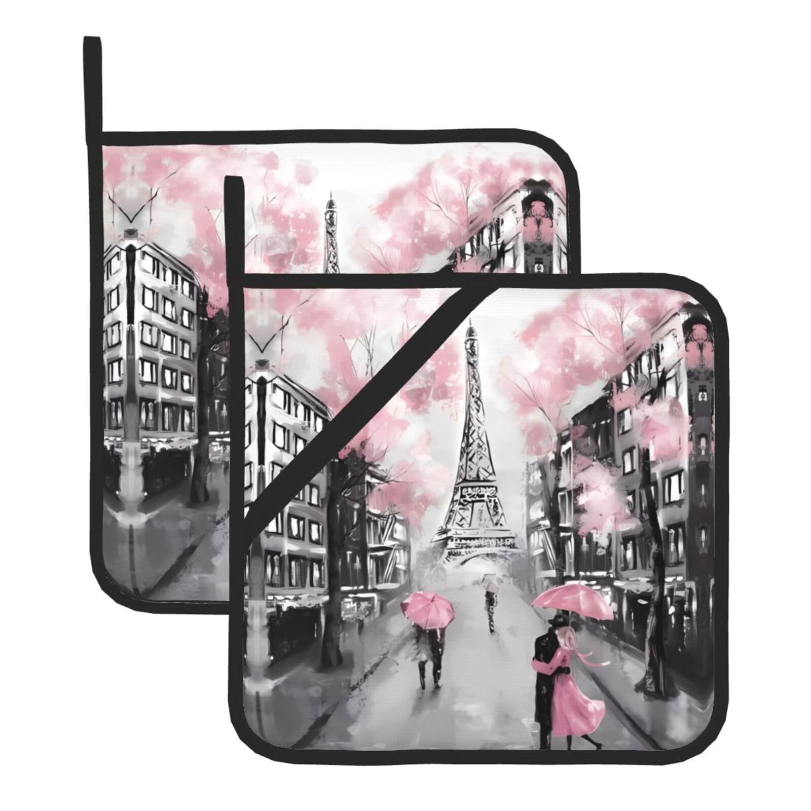 WHJSHOP Paris Street Eiffel Tower Pink Floral Prints Square Pot Holders - Waterproof Heat Resistant Kitchen Throw Pads for Hot Bowls & Dishes, Durable Oven Mitt Layers with Hanging Loop - Set of 2
