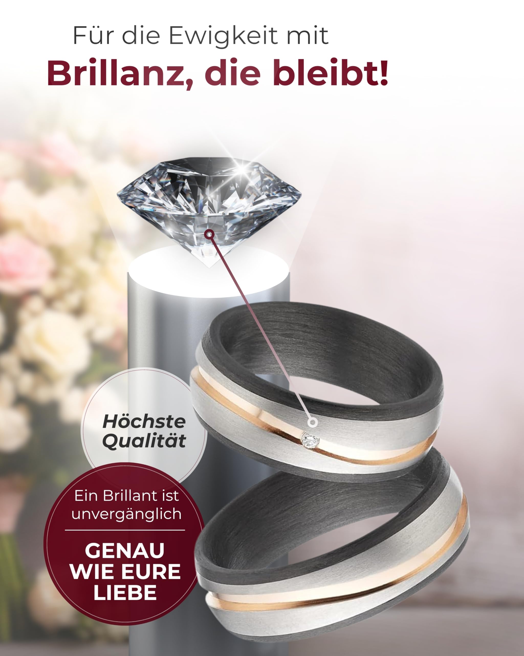 123traumringe Eheringe in Carbon, Titan & Roségold I Partnerringe mit Brillant & Etui I Gravierbare Eheringe mit Ringgröße 50-74 mm I Edle Verlobungsringe in 7 mm Breite & 2,5 mm Stärke I S84