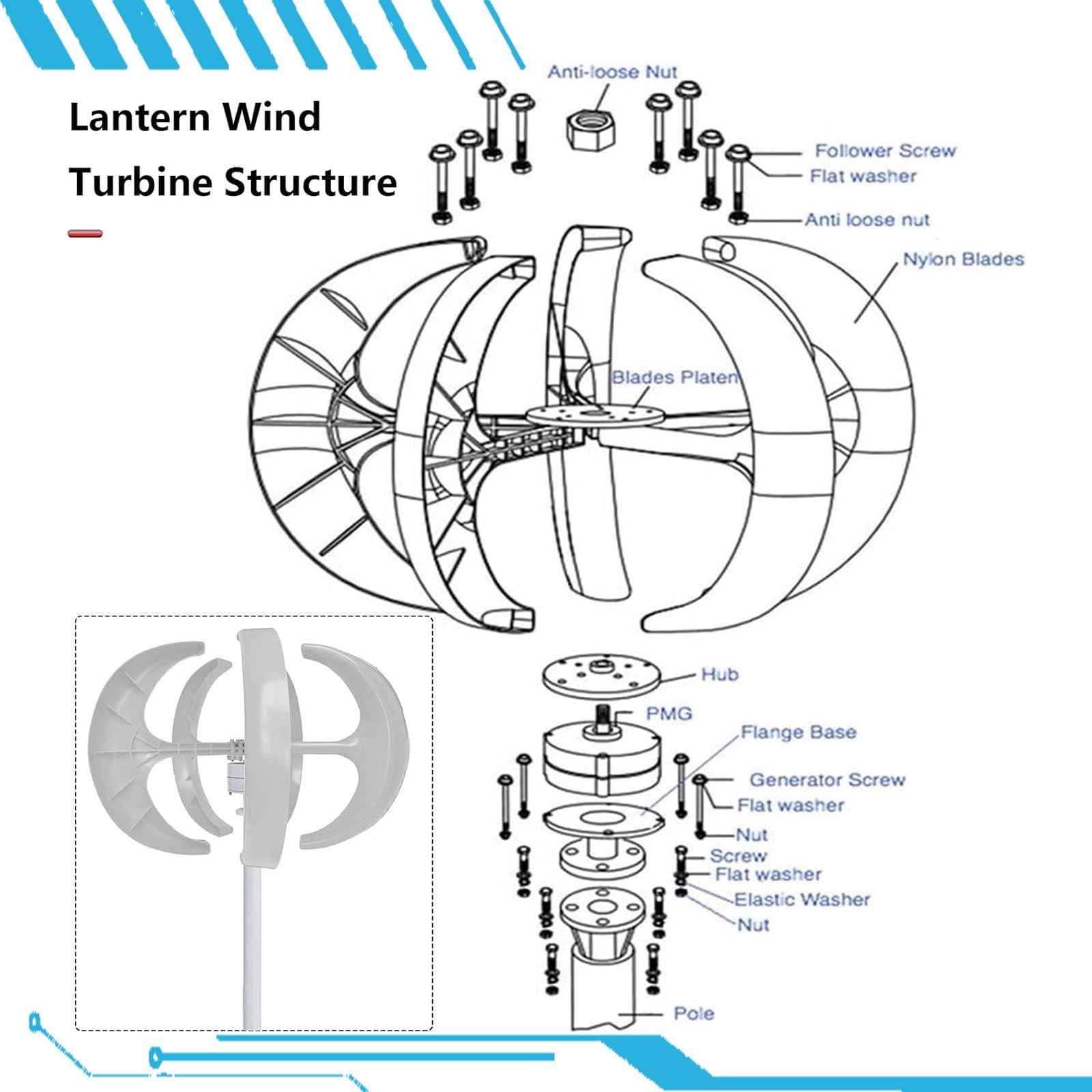 Generador de Turbina Eólica Vertical Sin Ruido de 16000W Aerogeneradores 12V 24V 48V Kit De Generador de Turbina Eólica Vertical Portátil con Controlador para Uso Doméstico Residencial(White,24V)