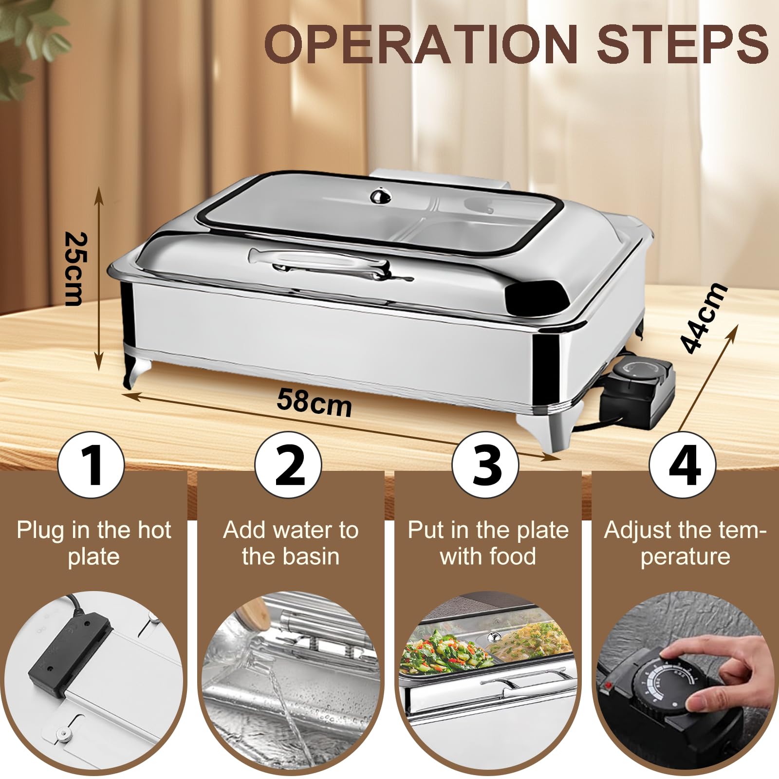Chafing Dish Elettrico, Scaldavivande Elettrico Professionale, Scaldavivande Elettrico Catering con Coperchio Trasparente, Scalda Cibo per Buffet, Temperatura Regolabile 35-85℃ (1/2)