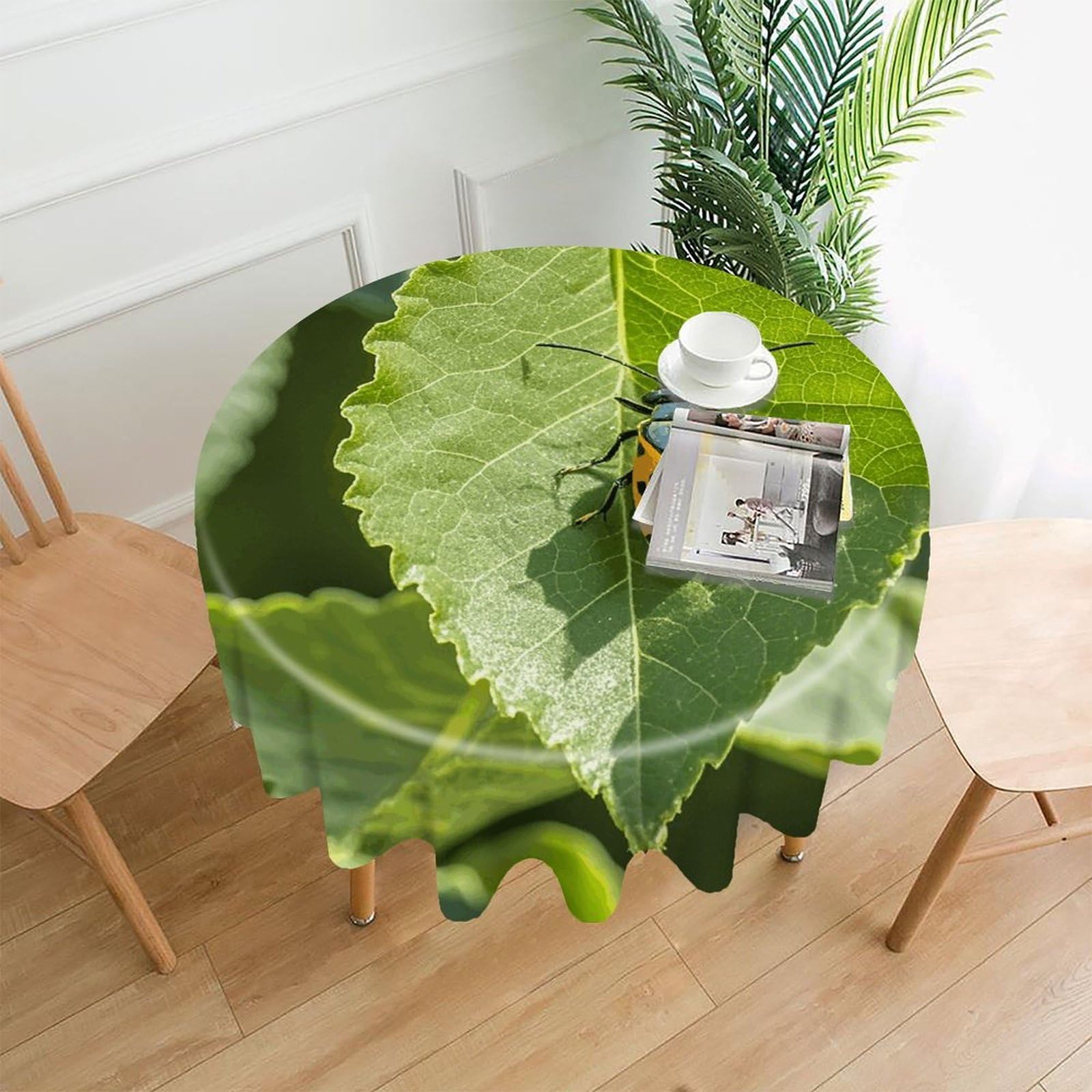 LZQPOEAS Insects on Leaves Tablecloth Decorative Round Table Cloth Wrinkle Resistant Round Tablecloth Washable Circle Table Cover for Kitchen Dining Party Wedding Camping 60 Inch