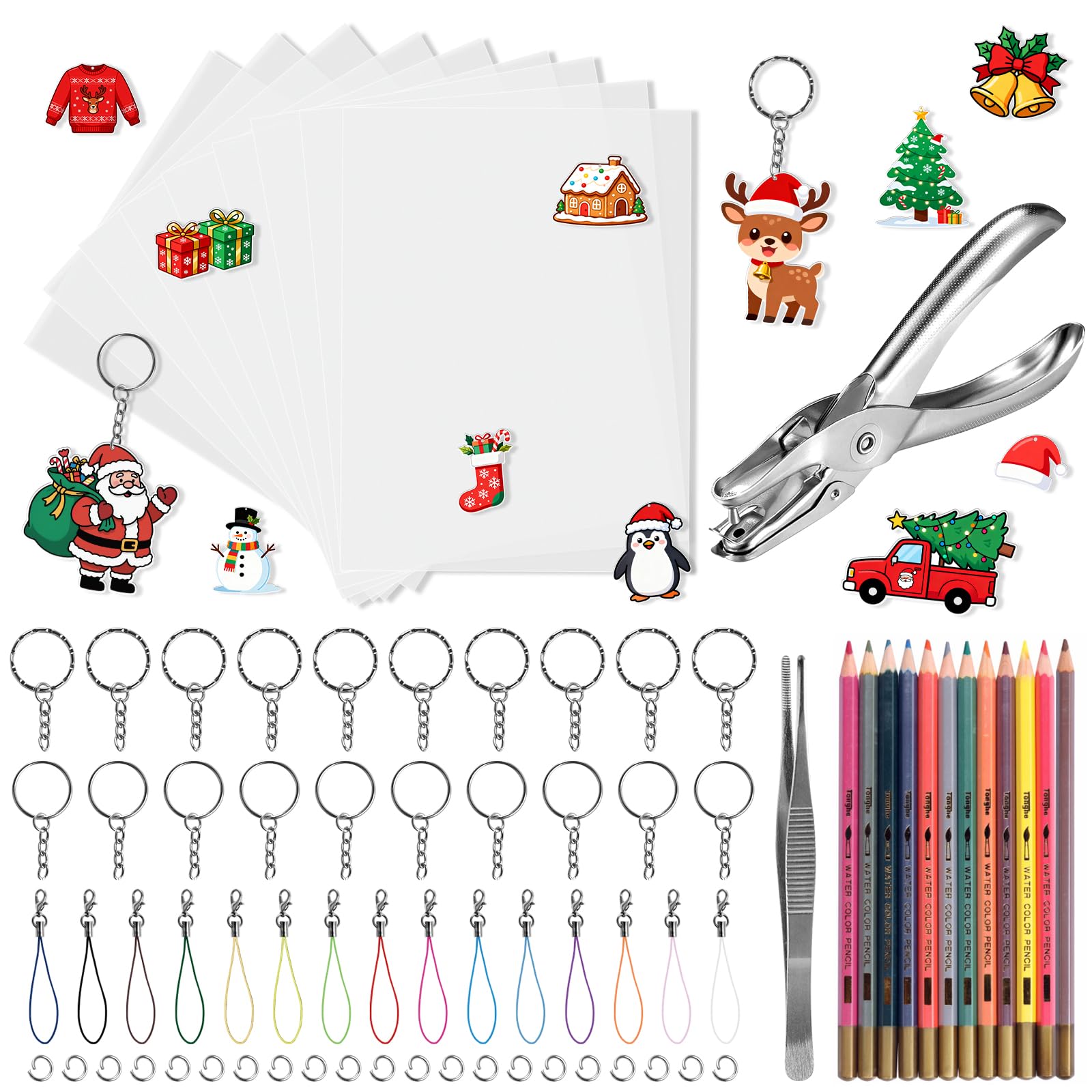 BAPHILE 64pcs Heat Shrink Plastic Sheets& Shrinky Art Paper Kit with 15PCS Clear Plastic Blank Sheets, Hole Punch, Keychains, Colored Lobster Clasp, Pencils for Kids Creative DIY Handmade Craft