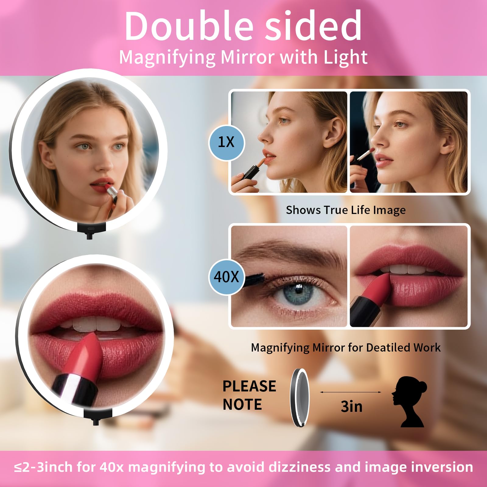 Miroir grossissant avec éclairage 40X/1X, miroir de maquillage de voyage avec lumière et grossissement 40x, éclairage à intensité variable, rechargeable, double face 15 cm, pliable, pivotant à 360°