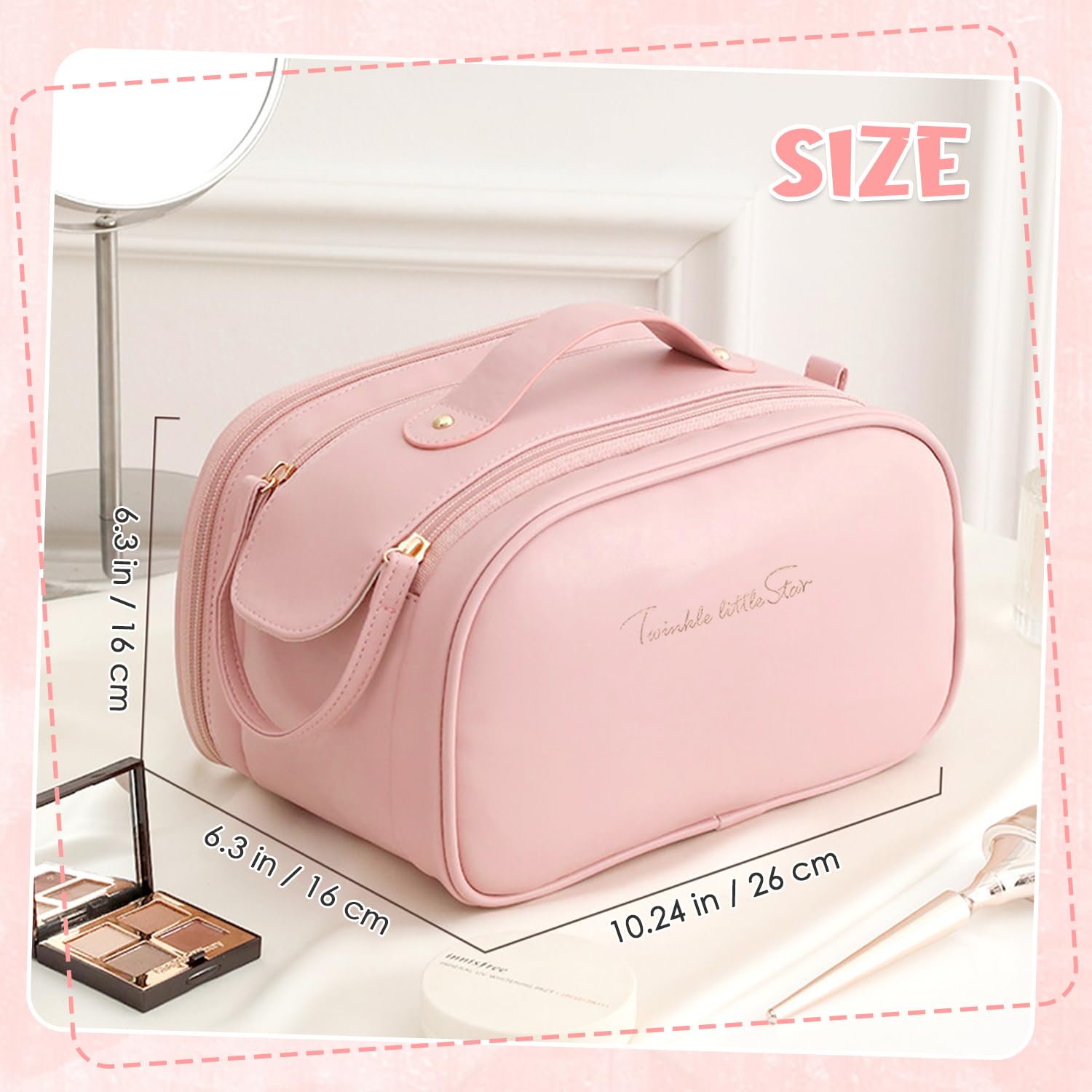 Large Capacity Travel Makeup Bag Portable Cosmetic Bag PU Leather Waterproof Cosmetic Bags with Makeup Brush Organiser for Women (Pink) - Image 2