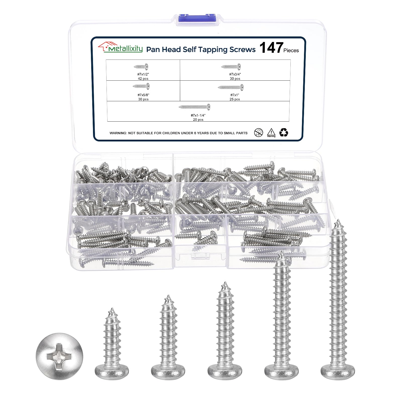 METALLIXITY Phillips Pan Head Self Tapping Screws(#7) 147Pcs, 304 Stainless Steel Self Drilling Screw Assortment Kit for Metal Wood Plastic, for Cabinet Wall Shutter Plate Furniture, Silver — image 1