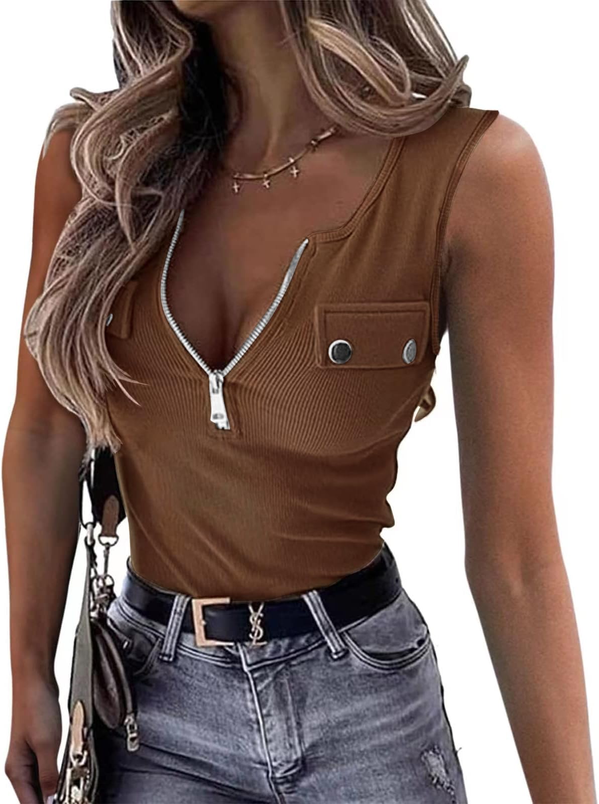 ELFIN Damen Ärmellos Tank Top Gerippt Sommer Sexy Oberteile Reißverschluss Stretch Weste Slim Fit Basic Shirt Ribbed Tops