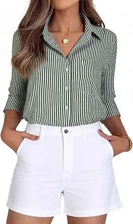 Beninos Striped Button Down Shirts for Women Dress Shirts Long Sleeve Casual Collared Office Work Shirt with Pocket