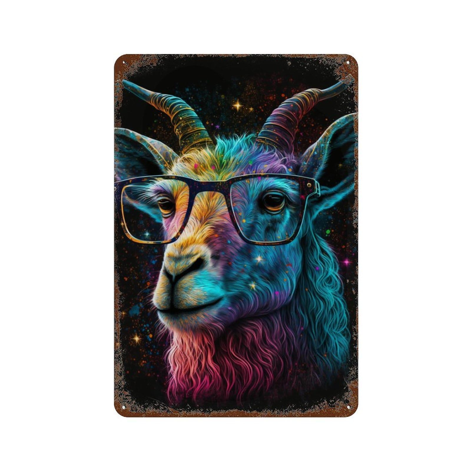 Vintage Rust Metal Sign with Colorful Goat with Glasses Art Print Design 11.8"x7.9", for Shed, Workshop And Garage Wall Decor, Retro Wall Decor
