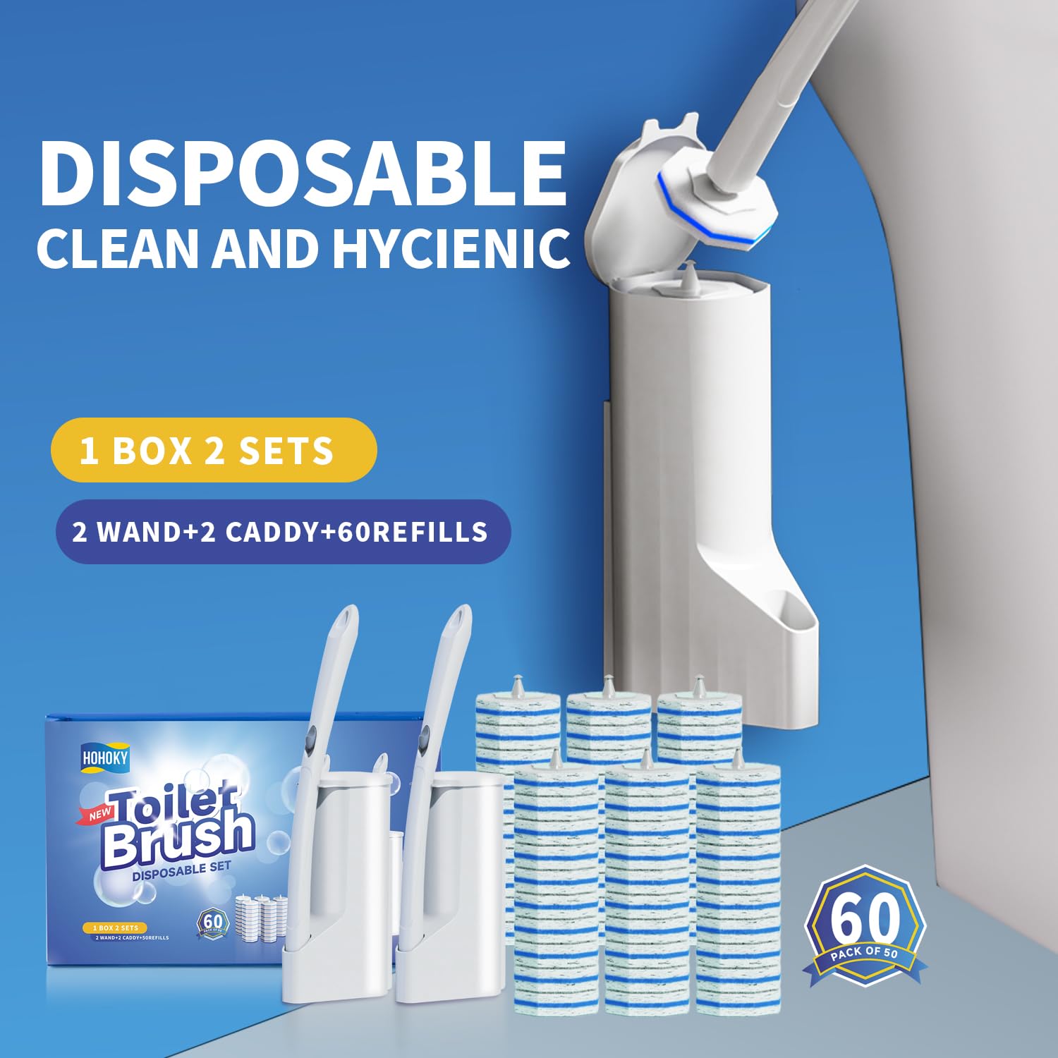 Hohoky Einweg-Toilettenbürsten-Reinigungssystem, Zwei Sets von Stäben und 60p Nachfüllpads, Ersatzköpfe, Wandmontage, Toliet-Stick-Stab-Starter-Set, Badezimmer-Wartung, WC-Schüssel-Reiniger-Halter